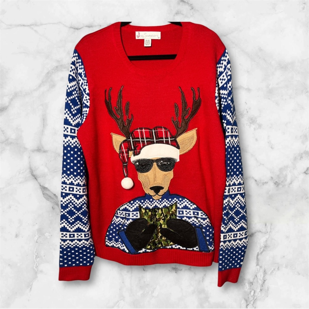 Joy Sweaters Mens Sz XL Reindeer Pocket Camo Ugly Christmas Holiday Sweater A5